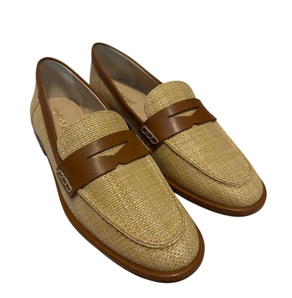 J.McLaughlin Concetta Raffia Loafers Tan Leather Penny Flats 8